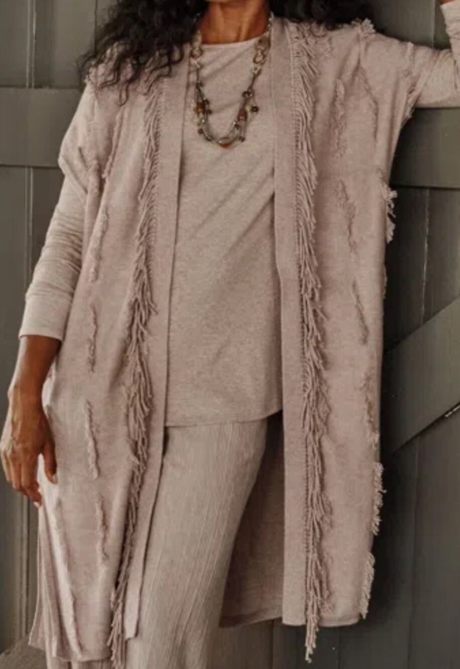 Pure Jill Elements Boho Hippie Fringe Textured Taupe Open Duster Cardigan Sz XL